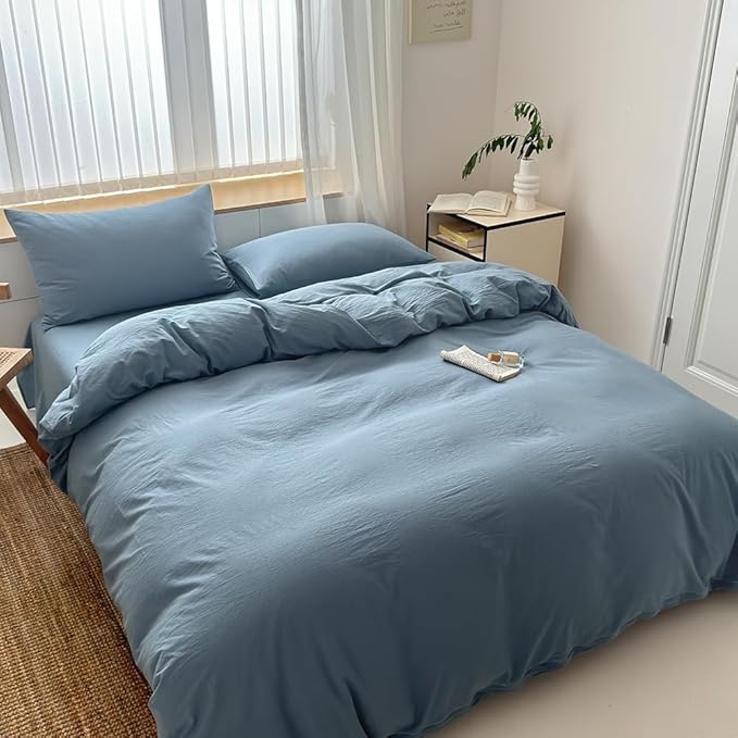 FACE TWO FACE Bedding Duvet Cover Set100% Washed Cotton Duvet Cover Linen Like Textured Breathable Durable Soft Comfy (King, Deep Gray Blue)