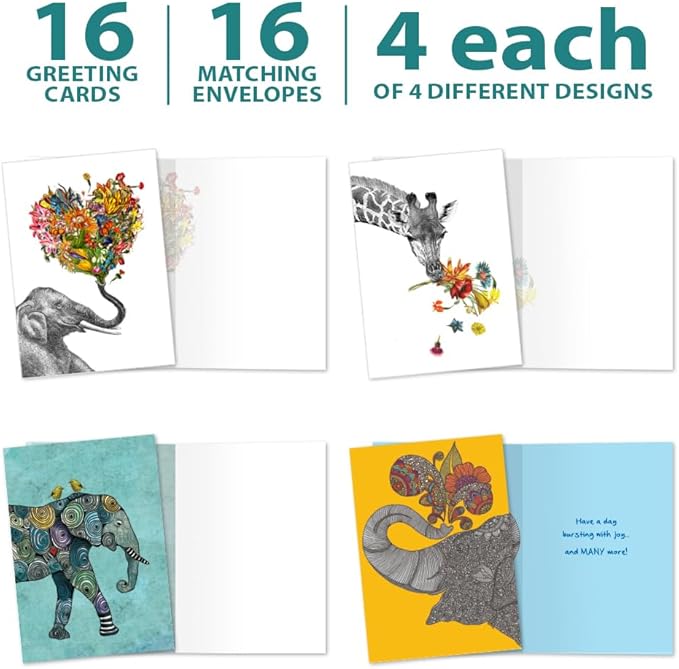 Tree-Free Greetings 16 Pack Card Assortment & Matching Envelopes,5”x7”,Made in USA,100% Recycled Paper,Vibrant Elephant & Giraffe Variety (GP54069)