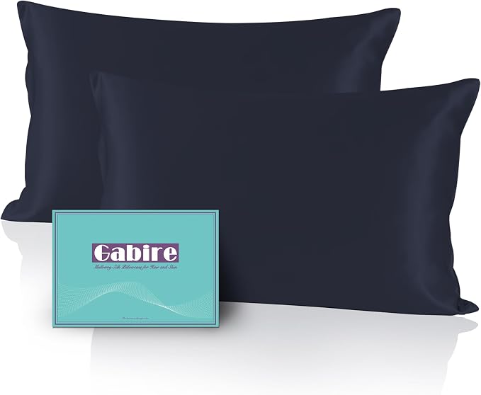 Gabire Mulberry Silk Pillowcases Set of 2, Both Sides Real Silk Pillowcase for Hair and Skin Prevent Acne Pillowcase Organic Silk Pillow case 2 Pack with Hidden Zipper, Navy Blue, Standard (20"×26")