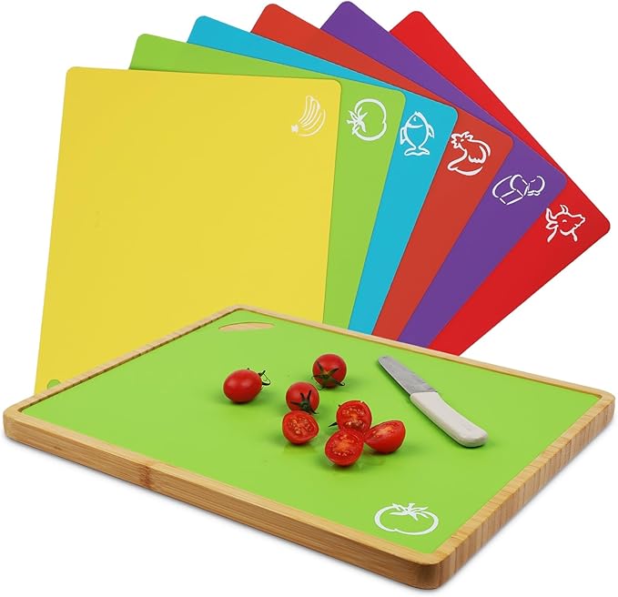 Bamboo Cutting Board set with 6 Pieces Flexible BPA free Plastic Colored Cutting mats for Meat and Vegetables, Durable 2-in-1 Serving Tray and Cutting Board for Kitchen