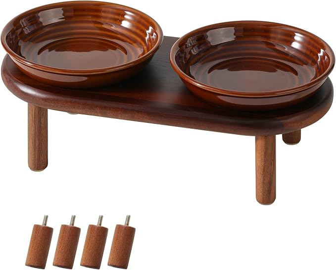 Havniva Elevated Cat Bowls Raised Ceramic Cat Bowl, 5.7” Wide Opening Cat Food Bowl Whisker Friendly Cat Dish Anti-Slip with Wood Stand, Shallow Pet Food & Water Bowl for Indoor Cats
