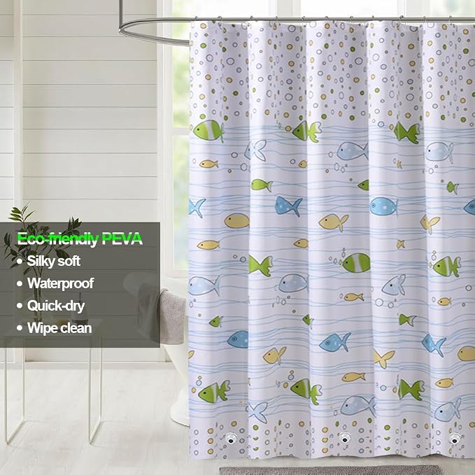 Plastic Shower Liner - Premium PEVA 4G Shower Curtain Liner with Rustproof Grommets and 3 Weighted Magnets, Waterproof Shower Curtains for Bathroom (Small Fish)