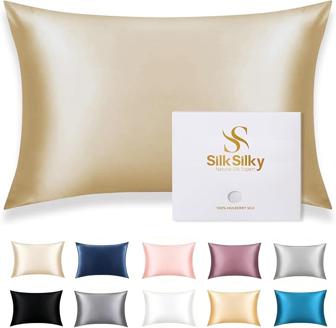 SilkSilky 100% Mulberry Silk Pillowcase - Pure 22 Momme High-Grade 6A Fibers for Hair & Skin, Hidden Zipper, Natural, Organic, Breathable & Cooling Pillow Case (Standard 20''x26'', Beige)