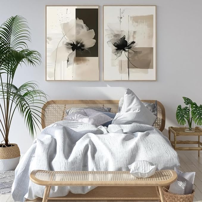 Minimalist Abstract Floral Wall Art Prints Set of 2 Neutral Beige Black Flower Canvas Painting Poster Trendy Botanical Picture for Gallery Modern Japandi Boho Home Decor 8x12inch Wrapped Framed