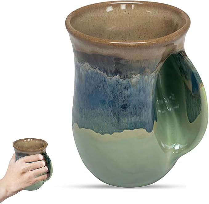 Clay in Motion Hand Warmer Coffee Mug – Handmade Coffee Mug With Comfortable Handle Contoured Pocket Hand Warming Ceramic Coffee Mug – Proudly Made in USA – Right Handed – 14 Oz - Mountain Meadows