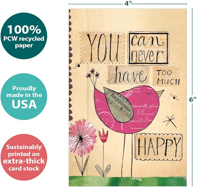Tree-Free Greetings Never Too Happy All Occasion Cards - 12 Recycled 4x6 Notecards & White Envelopes, Thick Cardstock, Made in USA - Whimsical Bird Collage
