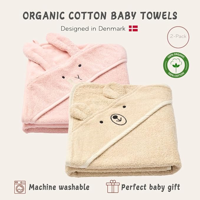 Hooded Baby Towels – 100% Organic Cotton Baby Bath Towels – Baby Girl Newborn Essentials - Super-Soft and Absorbent. (2-Pack Rabbit Blush and Bear Fog)