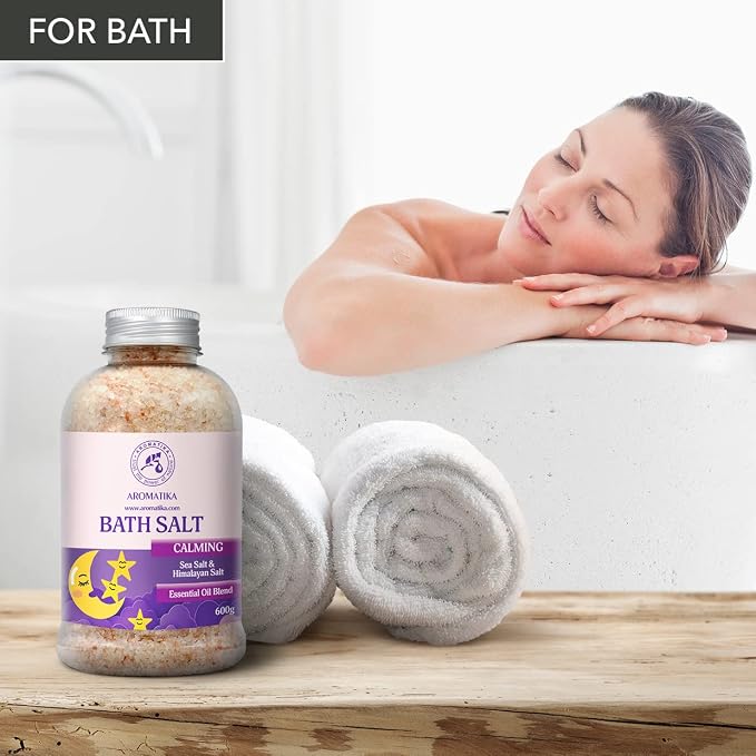 Calming Bath Salts 21.16 Oz - w/Sandalwood & Lavender & Bergamot Essential Oils - Natural Bath Sea Salts 600g - Good for Bath- Good Sleep - Relaxing - Body Care - Beauty - Aromatherapy