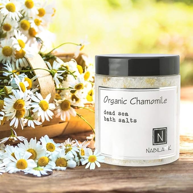 Organic Chamomile Bath Salts for Women & Men - Dead Sea Salt & Epsom Salt Calming Soak and Scrub - Organic Chamomile Buds & German Chamomile Oil, Cruelty-Free, Sulfate-Free | 8 oz | Nabila K