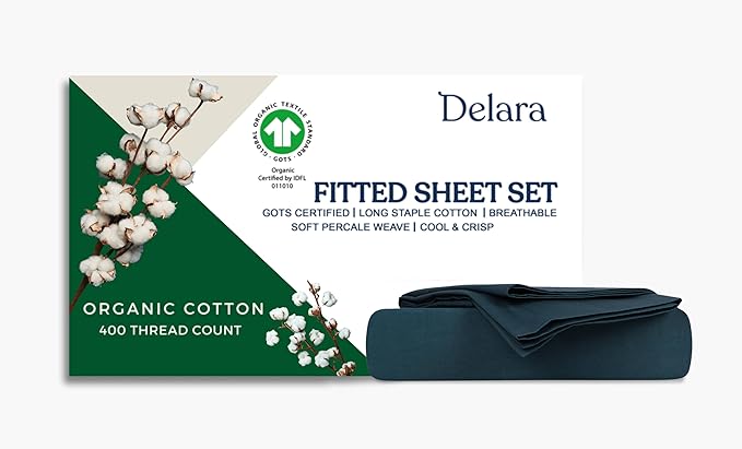 100% Organic Cotton Percale Weave Sheet, 400 Thread Count GOTS Certified, Smooth & Moisture-Wicking, Soft & Silky Breathable Bedding (Midnight Blue, King - 3 Piece NO Flat Sheet)