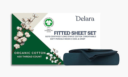 100% Organic Cotton Percale Weave Sheet, 400 Thread Count GOTS Certified, Smooth & Moisture-Wicking, Soft & Silky Breathable Bedding (Midnight Blue, King - 3 Piece NO Flat Sheet)