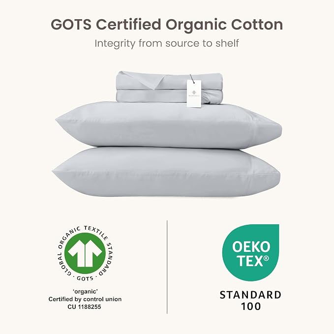 BIOWEAVES 100% Organic Cotton Sheets, 300 Thread Count 4-Piece GOTS Certified Bed Sheet Set Fits Mattress Upto 17" Deep Pocket, Soft & Silky Sateen Weave (Full, Glacier Gray)