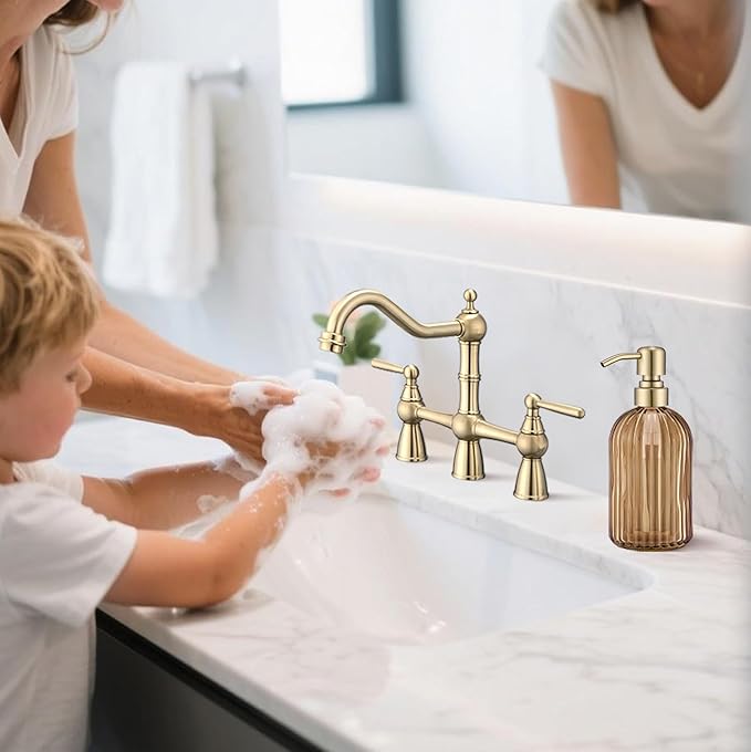 16 OZ Amber Glass Soap Dispenser, Amber Stripe Bathroom Hand Soap Dispensers with Stainless Steel Brushed Gold Pump,Brown Glass Kitchen Hand Soap Dispenser with Brushed Gold Pump,2 Packs