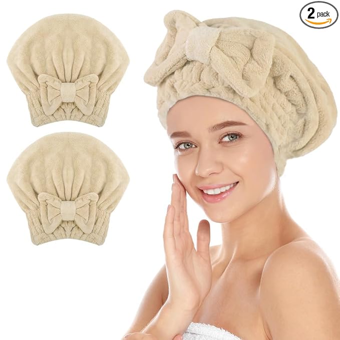 SUNLAND Large Microfiber Hair Drying Caps with Bow Knot Fast Drying Shower Cap Soft and Absorbent hairWrap Hair Turban Bath Caps for Curly Thick and Wet Hair