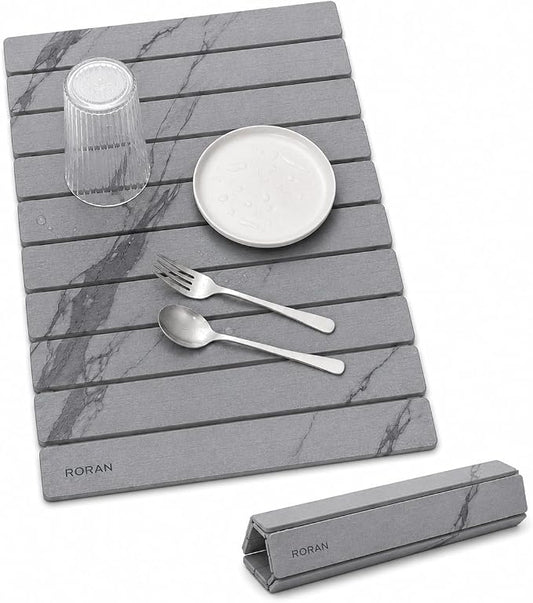 Stone Dish Drying Mat for Kitchen Counter, 24 x 16 inches, Fast Drying Collapsible Dish Drying Mat, Eco-Friendly Absorbent Diatomaceous Earth Mats for Dishes Bottles Cups (Cloud Gray)