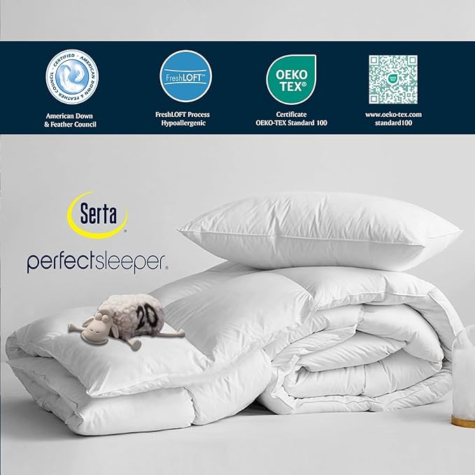 Serta Goose Feather Down Fiber Cotton Comforter Queen Size - 100% Cotton Duvet Insert - Hotel Luxury Hypoallergenic Bedding Comforter All Season Medium Warmth 90 x 90 Inch White,(Pack of 4)
