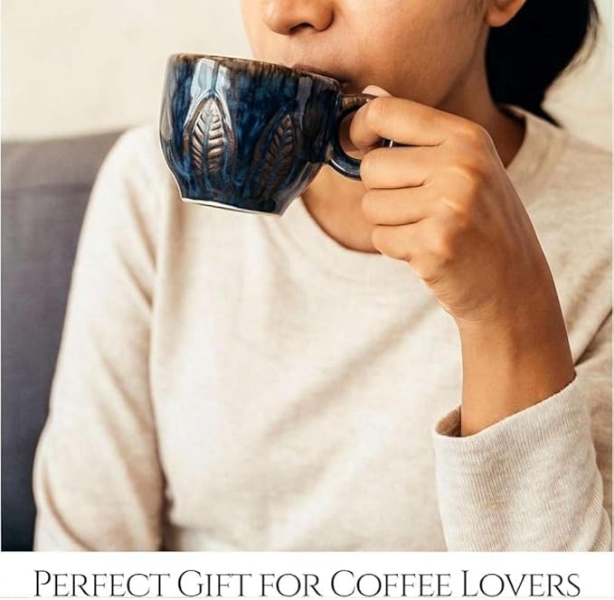 Ceramic Espresso Cup 5 oz, Stoneware Demitasse Coffee Mug with Handle, Artisan Reactive Glaze Texture, Small Latte Cappuccino Tea Cup, Microwave & Dishwasher Safe, Midnight Blue, Pack of 6