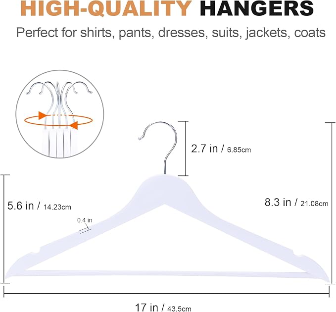Wooden Hangers 30 Pack, Wood Hangers with Extra Smooth Finish, Precisely Cut Notches & Chrome Swivel Hook, Wooden Clothes Hangers for Shirt Coat Jacket Dress, White