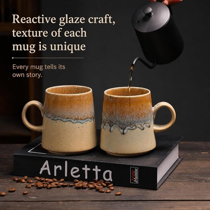 15oz Retro Japanese style Handmade Ceramic Coffee Mug - Unique Vintage Pottery tea cup, Lead-free Artisanal stoneware ceramic tea mug, Dishwasher & Microwave Safe Coffee cup for office and home