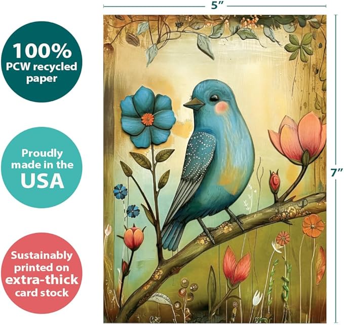 Tree-Free Greetings - All Occasion Card - Artful Designs - 1 Greeting Card + Matching Envelope - Made in USA - 100% Recycled Paper - 5 x 7 - Flowery Bluebird (GO69950)
