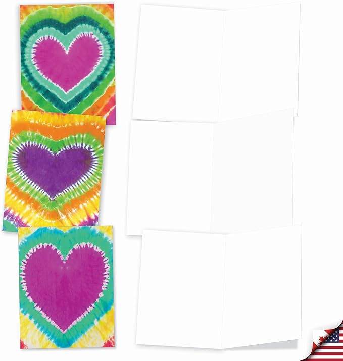 The Best Card Company - 20 Cute Boxed Cards (4 x 5.12 Inch) - Assorted Blank Set (10 Designs, 2 Each) - Tie-Dye Hearts AM9162OCB-B2x10