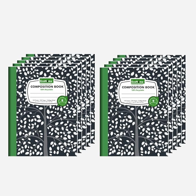 Composition Notebooks Pack of 10 College Ruled 200 Pages (100 Sheets) 9.75"x7.5" Black Marble Carbon Neutral Recyclable Paper Eco-Friendly School & Office Supplies For Students and Professionals