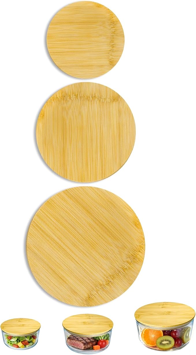 Replacement Wooden Lids for Pyrex, Anchor Hocking Glass Containers 7200 * 1 7201-PC*1 7402-PC*1, Bamboo Lids for Pyrex 2Cup 4Cup 7Cup Glass Bowls 3 Pack