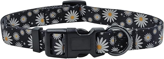 Dog Collar Leash Set, Floral Pattern, Polyester Material, Adjustable Collar and 5ft Matching Leash, for Large Dogs.(L, Black Daisy)