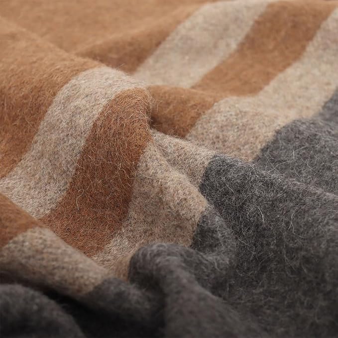 Superfine Alpaca Wool Throw Blanket - Lightweight Alpaca Merino Wool Throw Blankets | Soft Peruvian Alpaca Blanket Wool Blanket Striped Design 63" x 52" (Gray/Camel/Taupe)