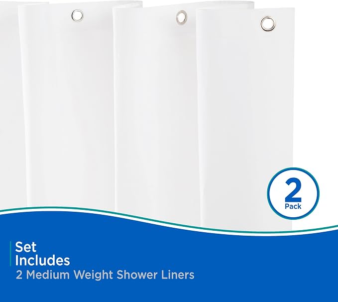 Kenney KN61440PK2 Medium Weight 5 Gauge Waterproof PEVA Shower Curtain Liner with Rust-Resistant Metal Grommets and Weighted Magnetic Hem for Bathroom, 70" W x 72" H, White, 2-Pack
