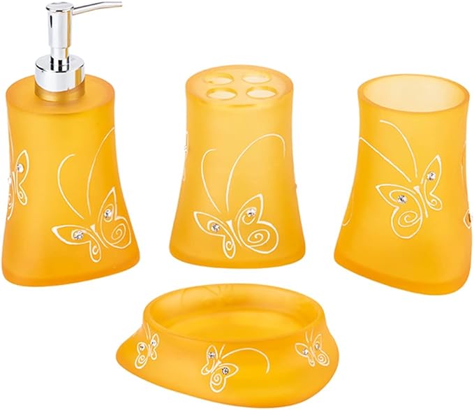 Hand Soap Dispenser Amber Resin Bathroom Accessories Set Yellow Orange Soap Dish Mouthwash Cup Toothbrush Holder Soap Dispenser Lotion Bottle Soap Dispensor,Set