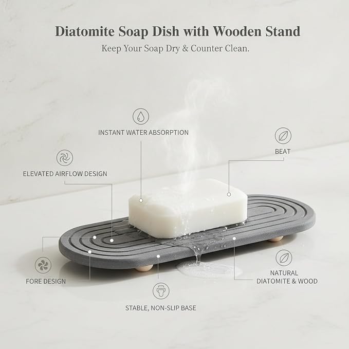 Bathroom Sink Counter Organizer, Diatomite Soap Dish with Wooden Stand, Stone Tray for Bar Soap (1 PC)