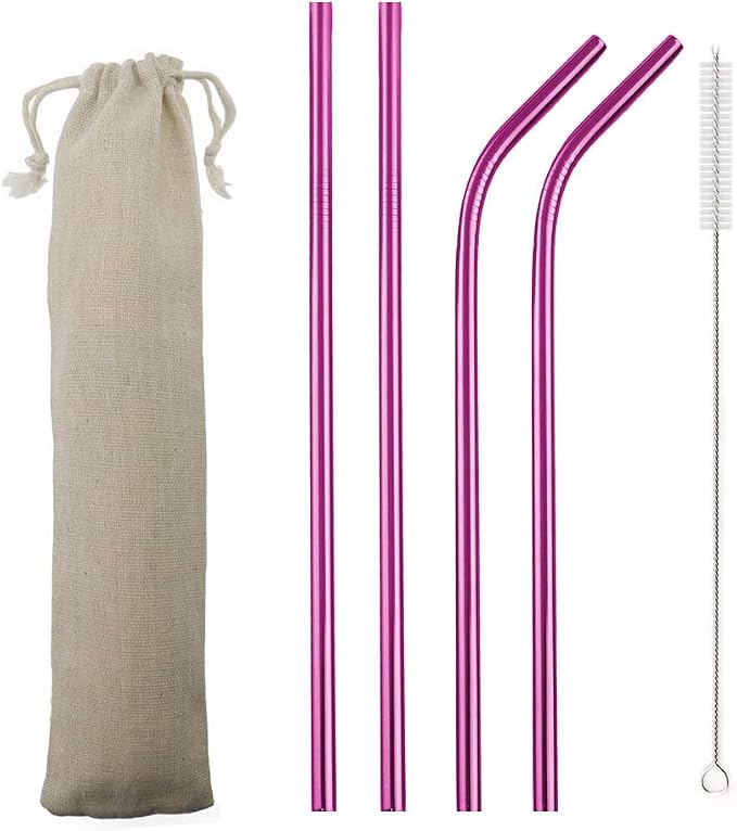 JASHII Reusable Portable Metal Straws Stainless Steel Eco-friendly Drinking Straw with Travel Cloth Bag (2 Bent 2 Straight 1 Brush),Pink