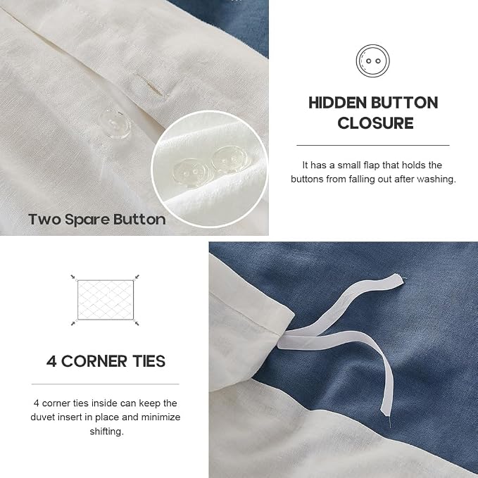 Simple&Opulence French Linen Duvet Cover Set with Stripe 104”x92”, 3 Pieces(1 Comforter Cover and 2 Pillow Shams) Rustic Natural Flax Cotton Blend(King,White and Navy)