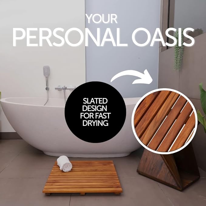 Nordic Style Teak Shower, Bath and Spa Mat | Indoor + Outdoor Use | Non-Slip Wood Platform | Spa, Sauna, Pool, Hot Tub | Luxury Decor (Oiled Finish, 19.6" x 19.6")