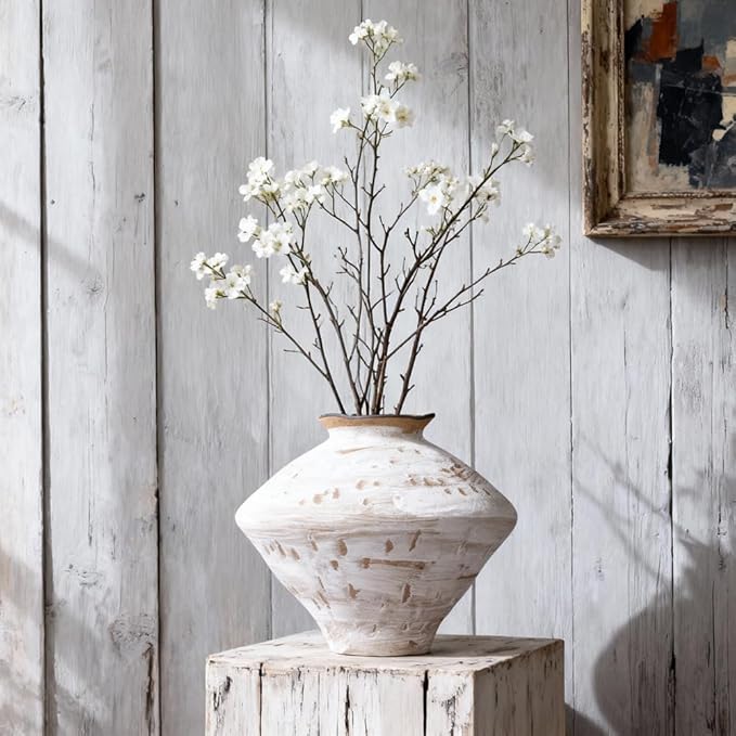 Wabi Sabi Vase 11.5" Rustic White and Brown Distressed Ceramic Vase, Wide Mouth Rustic Vintage Vases for Table Centerpieces, Farmhouse Home Decor for Living Room Entryway Shelf