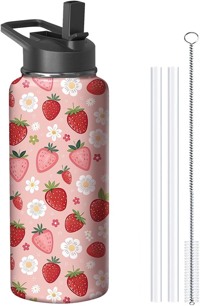 18oz Pink Strawberry Water Bottle with Handle and Flip Straw, Sports Stainless Steel Insulated Cup Travel Coffee Mug Tumbler, Birthday Mothers Day Chritmas Gifts for Women