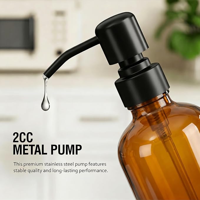 MOMEEMO Glass Soap Dispenser with Pump, Kitchen Sink Soap Dispenser with Ceramic Tray and Stainless Steel Pump, Suitable for Farmhouse Kitchen Decor. (Amber & Black)