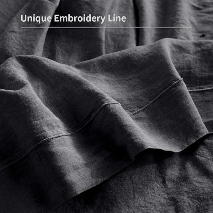 100% French Linen Pillowcases with Embroidery - Pack of 2 - Washed Solid Color Natural Flax Soft Breathable - Dark Grey, 20'' x 40''