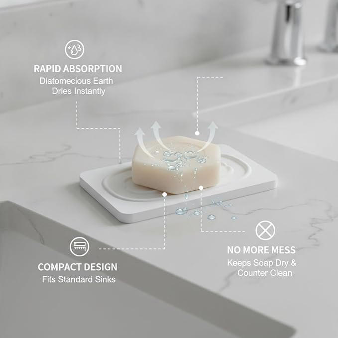 Diatomaceous Earth Stone Soap Dish, Bathroom Tray for Bar Soap, White