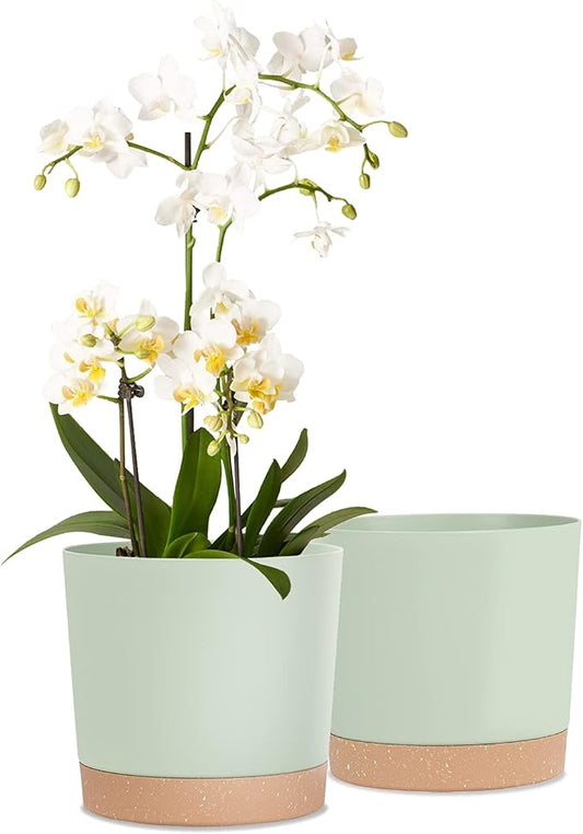 kubvici Indoor Plant Pots Set of 2 Planters 8 inch Plastic Planter with Hole & Saucer Modern Decorative for Outdoor Garden Home (Green, 8 inch)