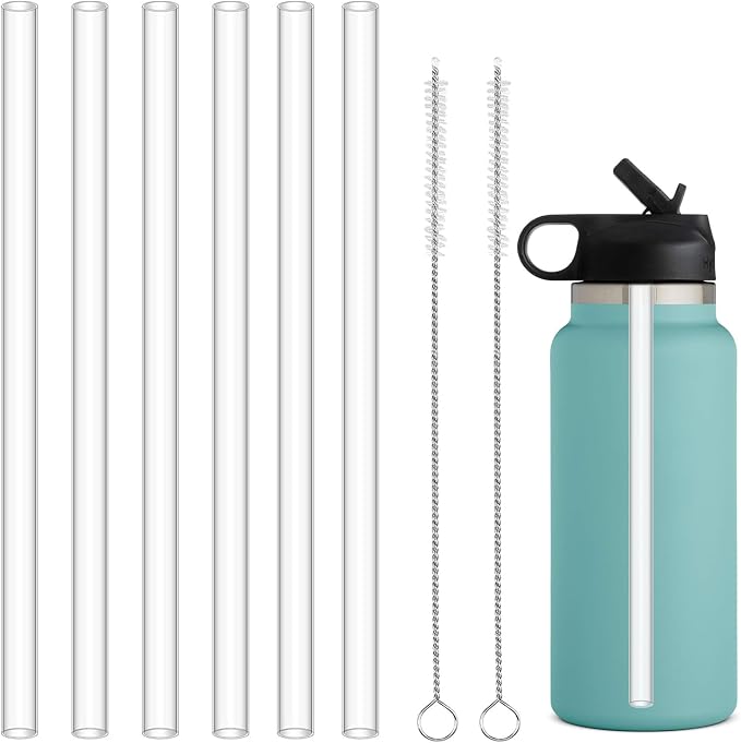 HEYSKAY Reusable Drinking Straw Compatible with Hydro Flask 18-64oz Wide Mouth Water Bottle with 2 Straw Brushes, 6 Pcs Replacement Clear Tritan Straws for Other Brand Wide Mouth Sport Water Bottle