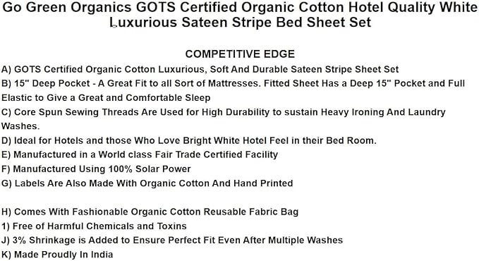 Organic Cotton Comfortable and Soft Sateen Stripe Bed Sheet Set - Luxury Hotel Quality - GOTS Certified - White - Deep Pocket - Easy Care - Queen