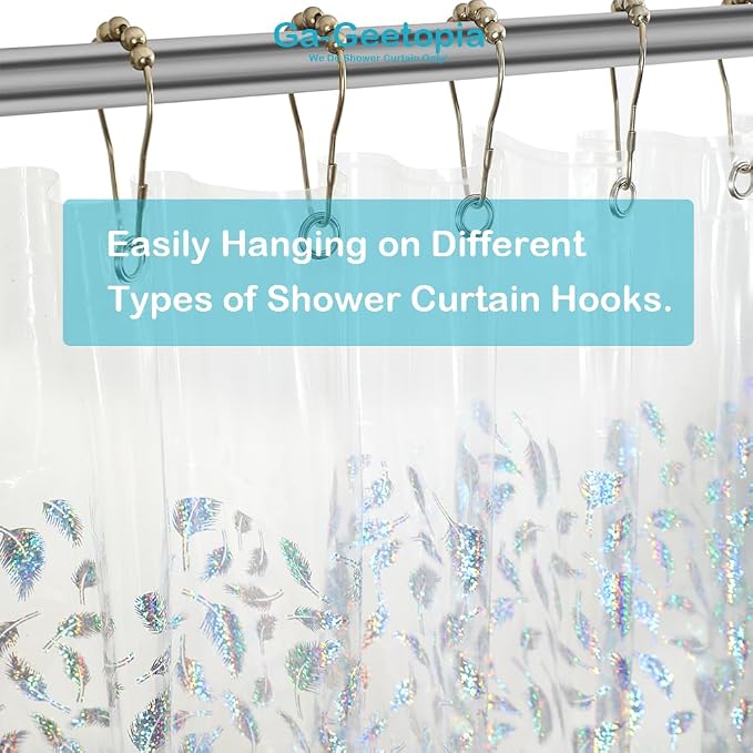 Holographic 3D EVA Shower Curtain Liner Glitter Feather, 72x72 Premium Clear Plastic Bathroom Shower Curtain with Rustproof Metal Grommets for Shower Stall, Bathtubs