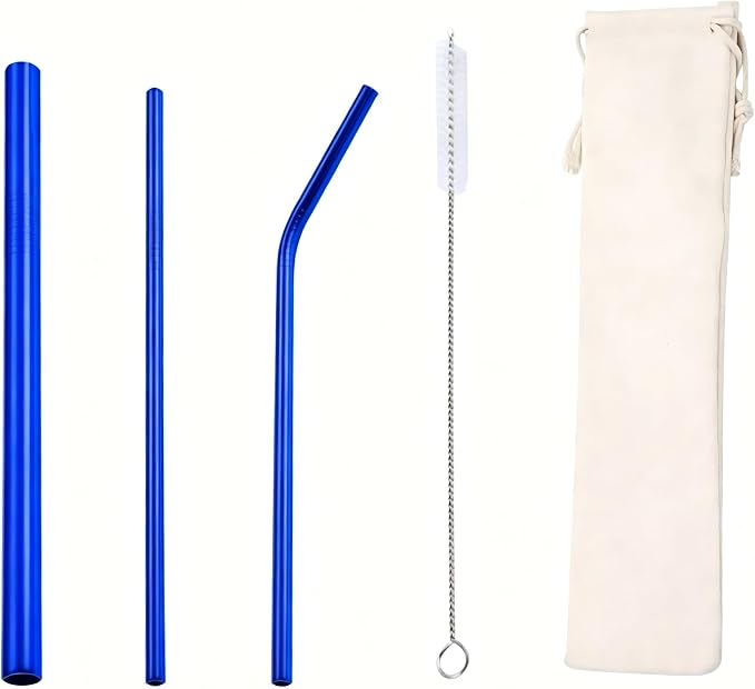 Food Grade 304 Stainless Steel Straw Set, Titanium Plated Colorful Reusable Metal Straws with Cleaning Brush for Coffee, Tea & Beverages (Quiet Blue)
