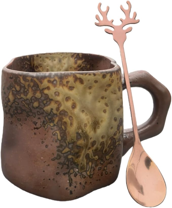 Vintage Ceramic Coffee Mug (with Handle), Handcrafted Lead-Free Ceramic Artistic Latte Cappuccino Espresso Tassee with Coffee Spoon, Coffee Mug, Tea Cup, Milk Tea Cup, 9.5oz