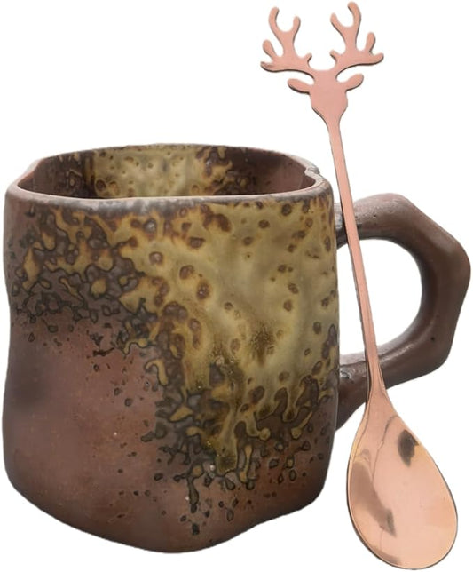 Vintage Ceramic Coffee Mug (with Handle), Handcrafted Lead-Free Ceramic Artistic Latte Cappuccino Espresso Tassee with Coffee Spoon, Coffee Mug, Tea Cup, Milk Tea Cup, 9.5oz