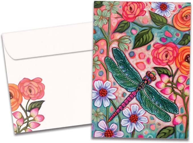 Tree-Free Greetings Bright Dragonfly Thank You Card - 1 Recycled 5x7 Card & Matching Envelope, Thick Cardstock, Made in USA - Artful Vibrant Garden