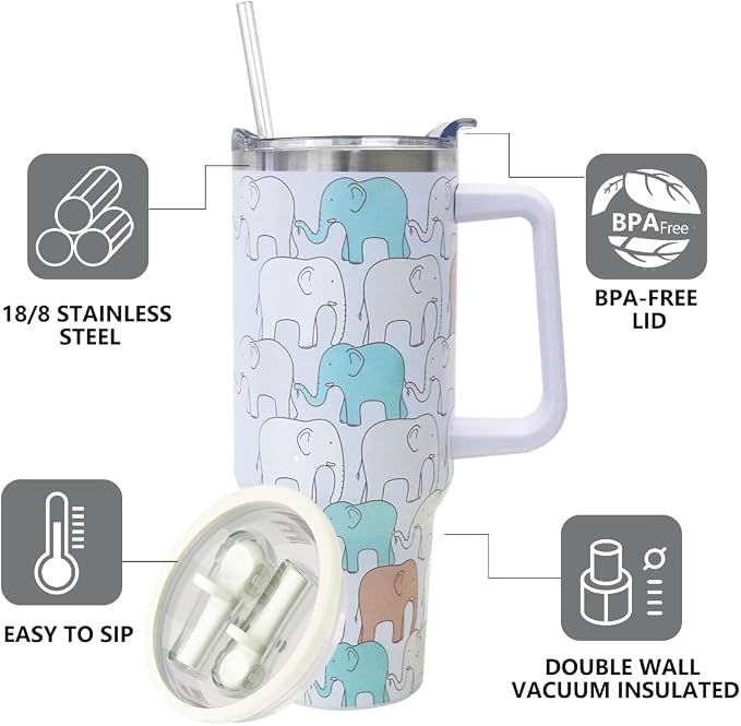 SYACOT 40 oz Tumbler with Handle and Straw Stainless Steel Insulated Tumbler Leak Proof Lid and Straw Lid Reusable Travel Mug Coffee Mug Cup Dishwasher Safe Keep Drinks Cold and Hot (LittleElephant)