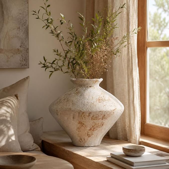 Wabi Sabi Rusty Vintage Vase, 11.4" Tall Wabi Sabi Decor Rustic Farmhouse Pottery Vase for Centerpiece, Textured Pottery Flower Vases for Home Decorative, Table, Living Room (White, Large)